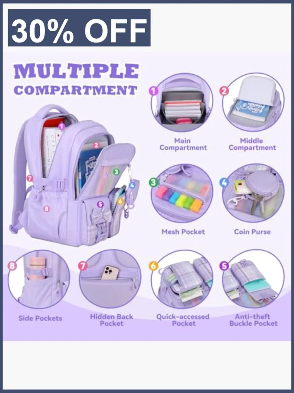Girls Backpack with Coin Purse, Lightweight 22.9L, 9 Pockets, Travel Camp